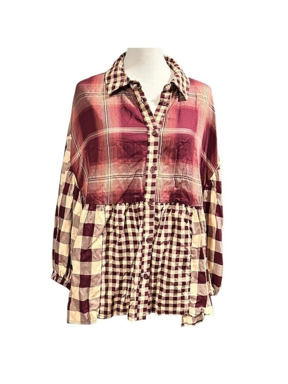 Cato Baby Doll Checkered Plaid Layered Button Up Drop Shoulders Top Size L NWT